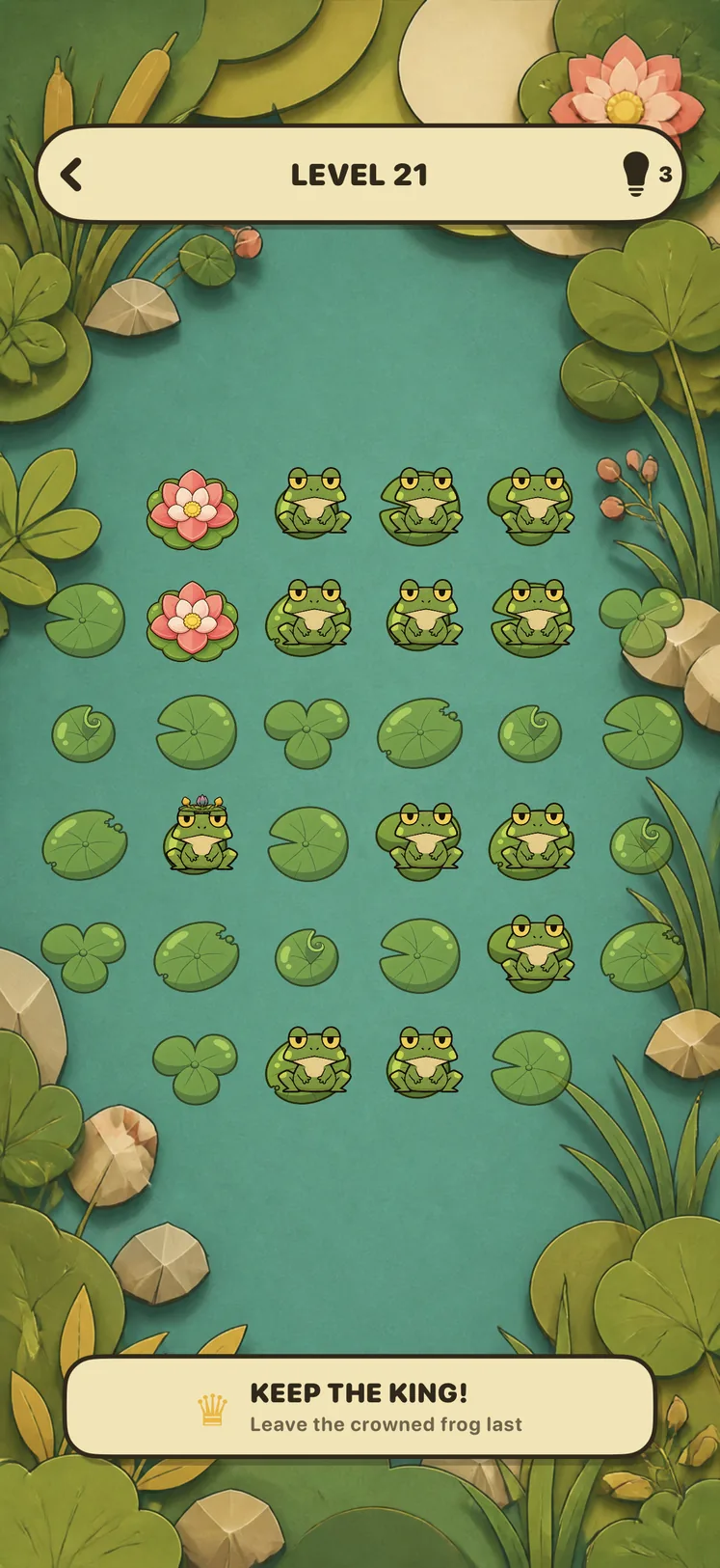Last Frog gameplay — frogs and lily pads on a pond board